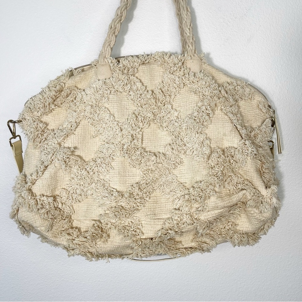 Anthropologie Trellis Weekender Tote Fringe Cream Large Boho Bag - Picture 4 of 12